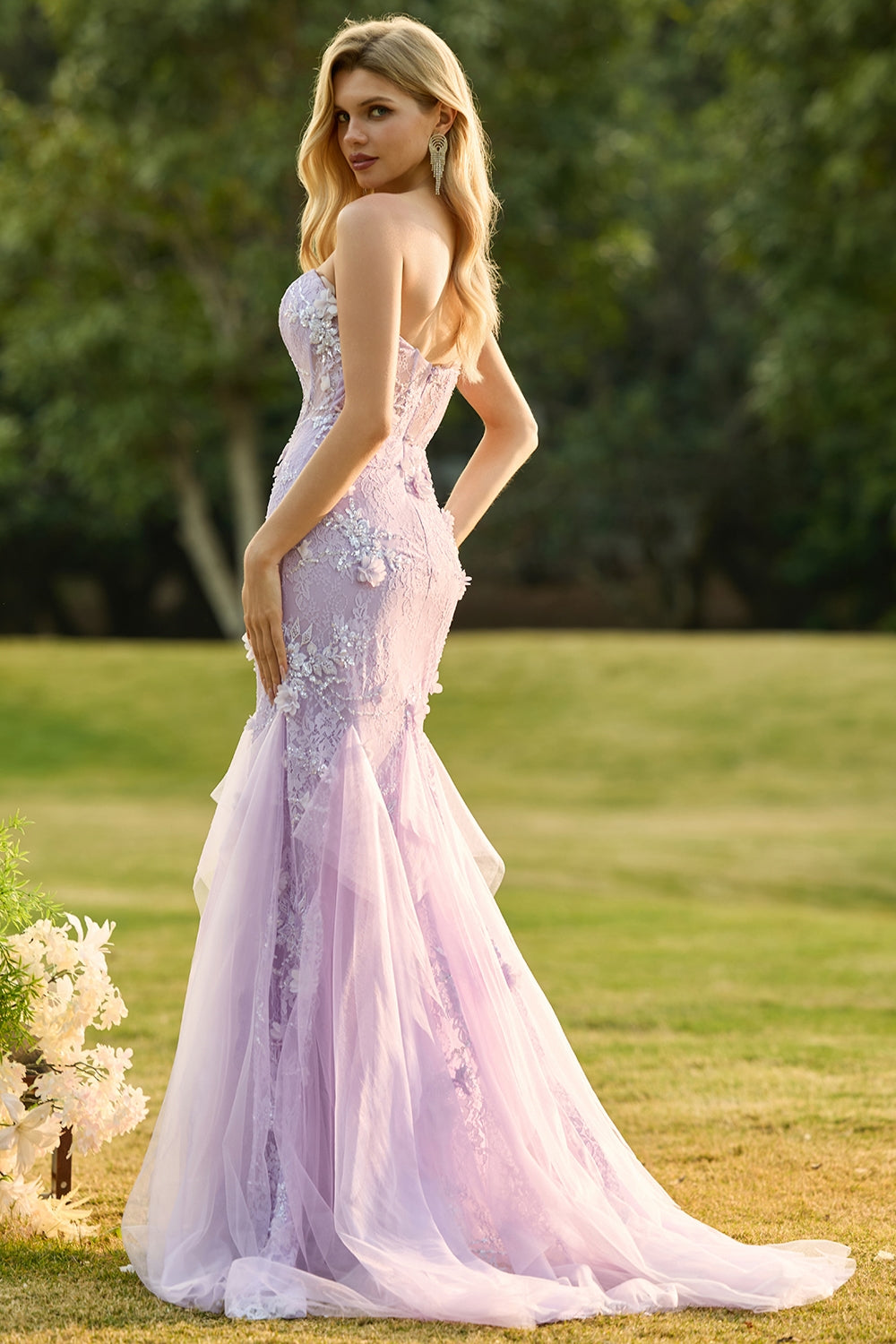 Floral Purple Mermaid Tulle Backless Maxi Corset Prom Dress