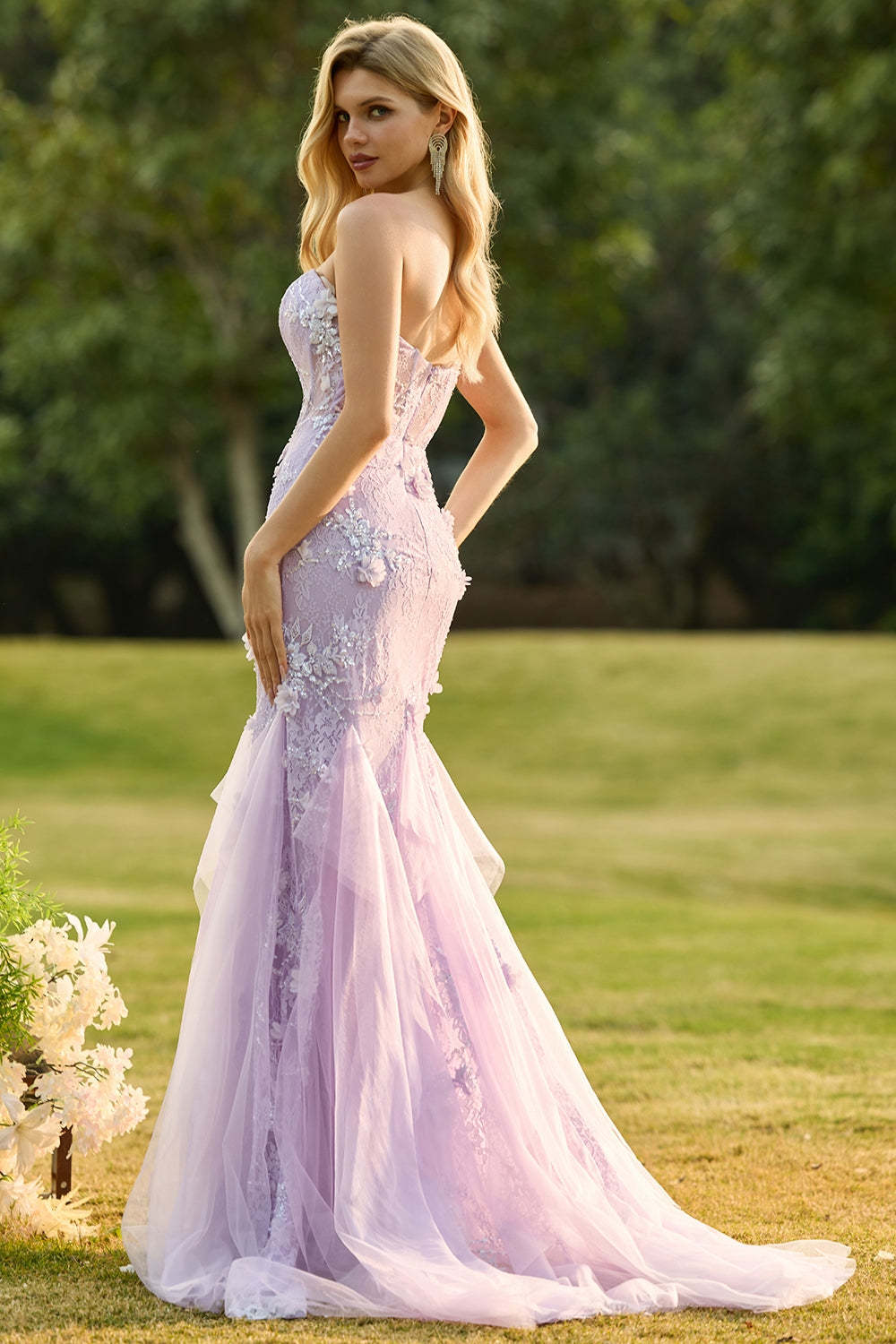 Floral Purple Mermaid Tulle Backless Maxi Corset Prom Dress