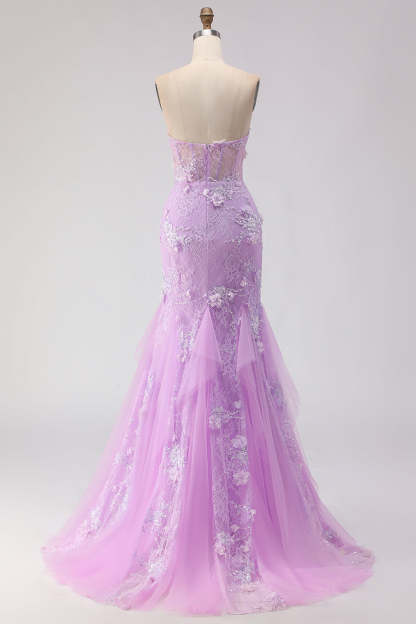 Floral Purple Mermaid Tulle Backless Maxi Corset Prom Dress