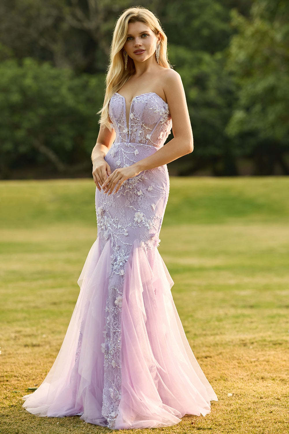 Floral Purple Mermaid Tulle Backless Maxi Corset Prom Dress