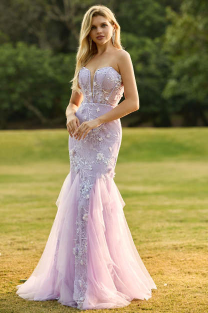 Floral Purple Mermaid Tulle Backless Maxi Corset Prom Dress