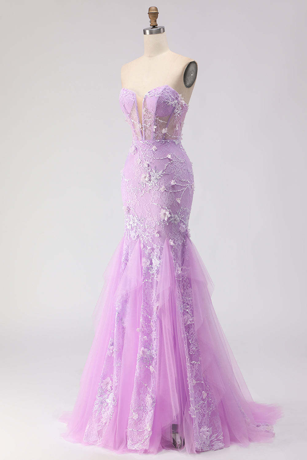 Floral Purple Mermaid Lace Tulle Backless Long Corset Prom Dress
