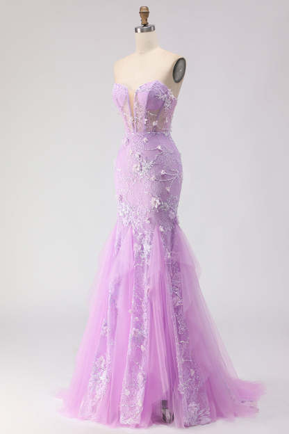 Floral Purple Mermaid Lace Tulle Backless Long Corset Prom Dress