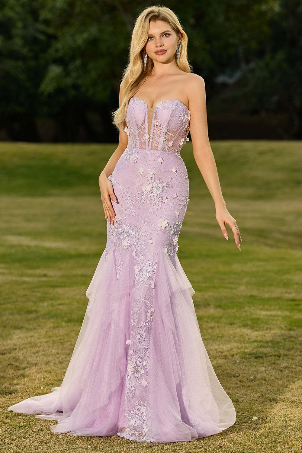 Floral Purple Mermaid Tulle Backless Maxi Corset Prom Dress
