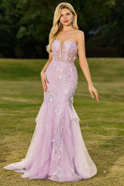 Floral Purple Mermaid Tulle Backless Maxi Corset Prom Dress