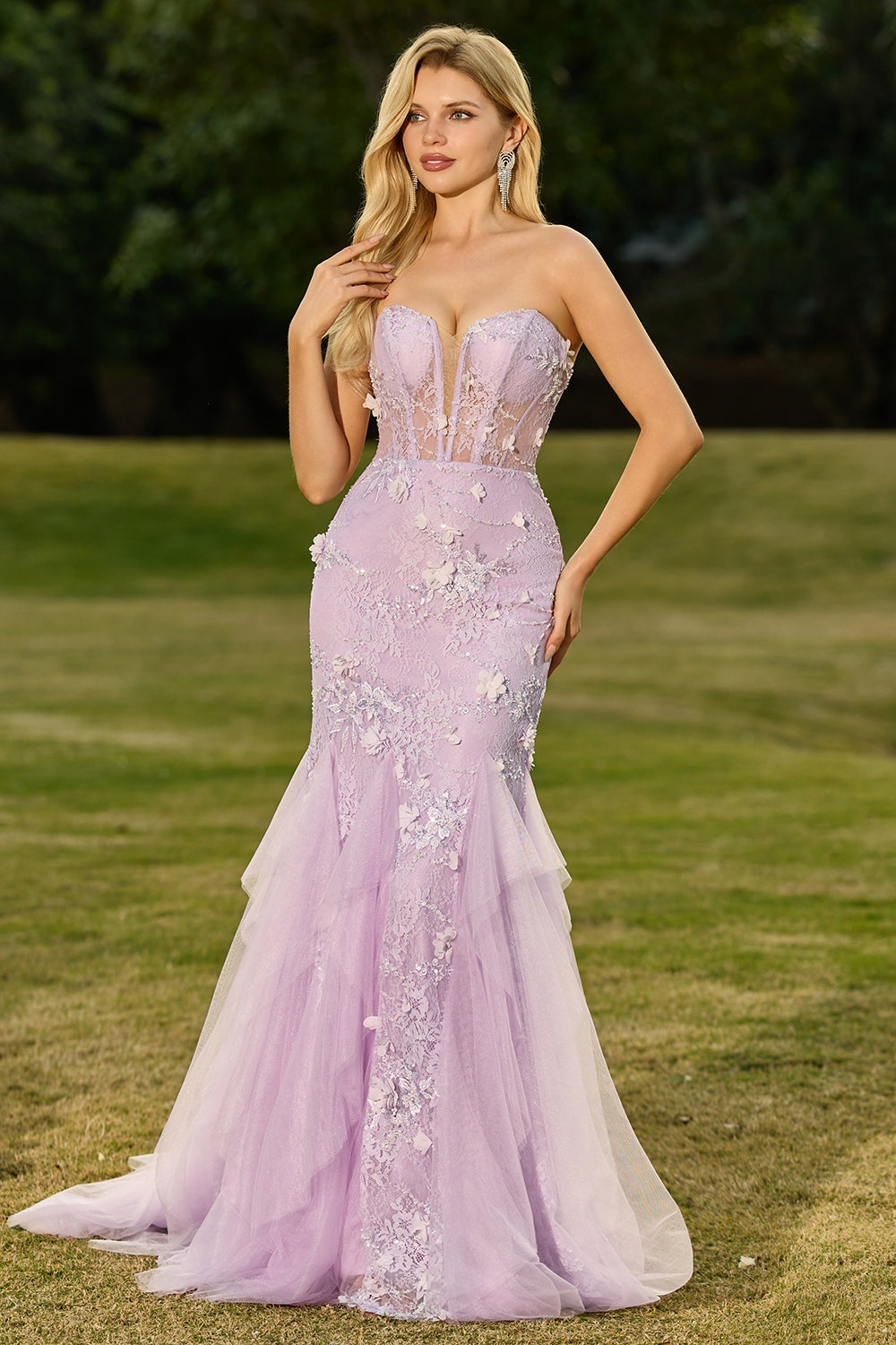 Floral Purple Mermaid Tulle Backless Maxi Corset Prom Dress