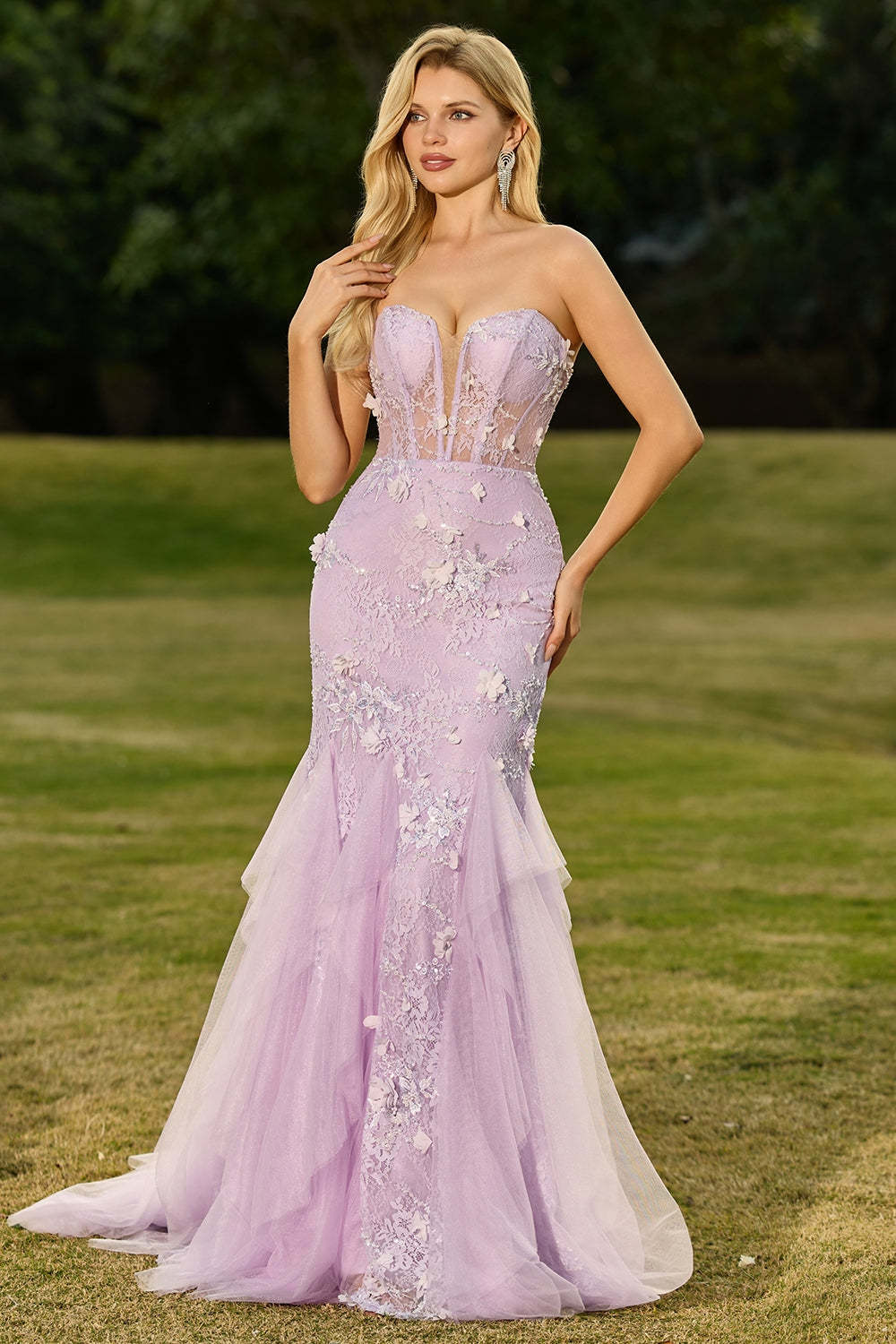 Floral Purple Mermaid Tulle Backless Maxi Corset Prom Dress