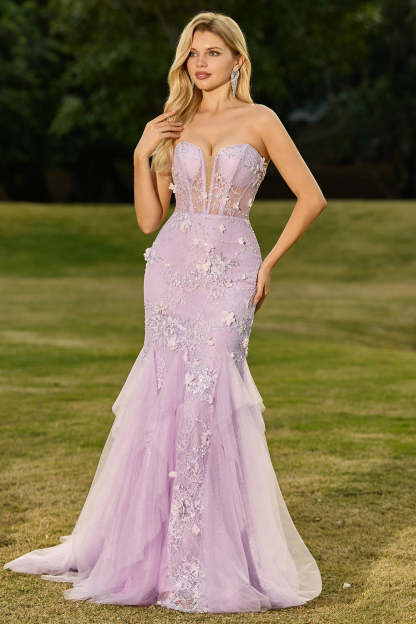 Floral Purple Mermaid Tulle Backless Maxi Corset Prom Dress