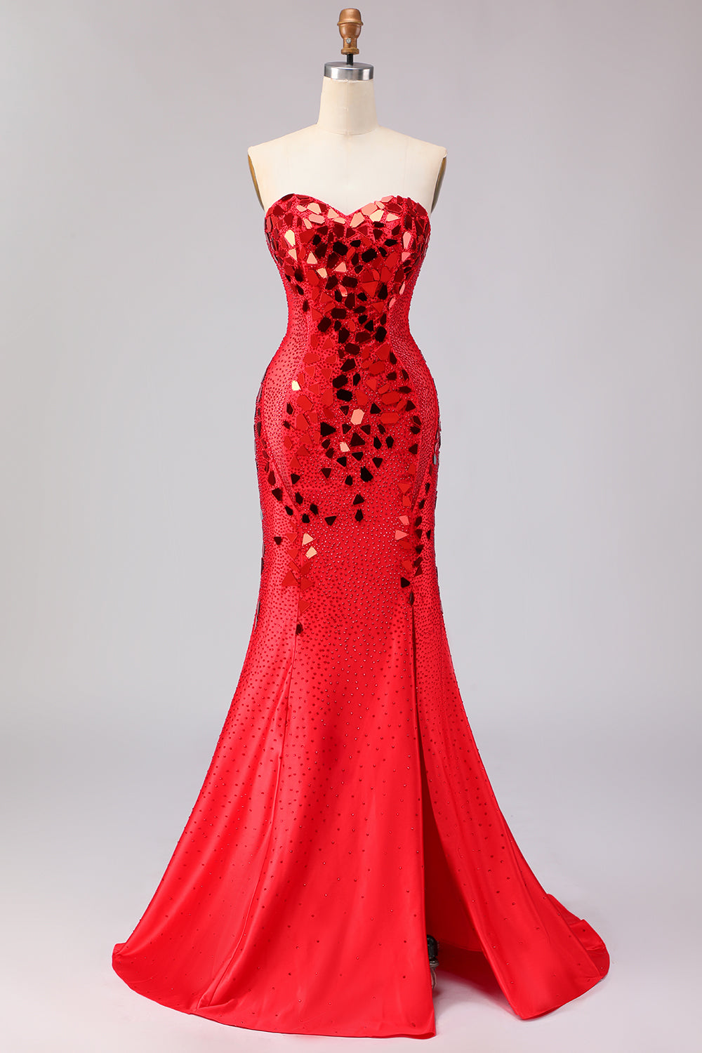 Leely Women Sparkly Red Mermaid Long Mirror Prom Dress with Slit Beaded Sweetheart Gala Dress