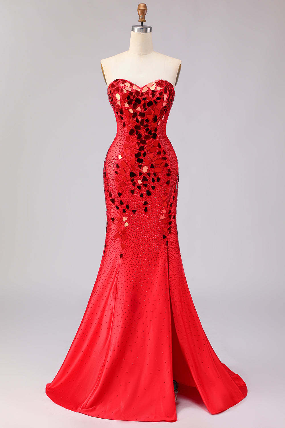 Leely Women Sparkly Red Mermaid Long Mirror Prom Dress with Slit Beaded Sweetheart Gala Dress