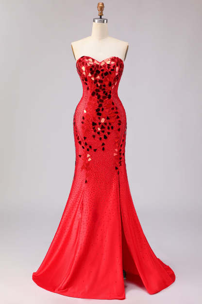 Leely Women Sparkly Red Mermaid Long Mirror Prom Dress with Slit Beaded Sweetheart Gala Dress