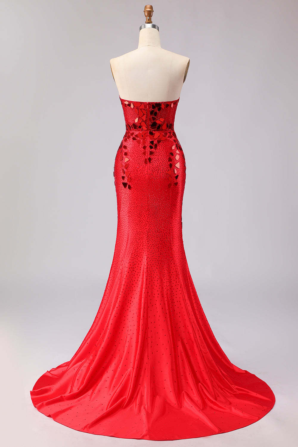 Red Sparkly Mermaid Mirror Sweetheart Long Prom Dress with Slit
