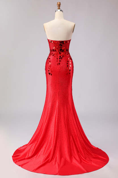 Red Sparkly Mermaid Mirror Sweetheart Long Prom Dress with Slit