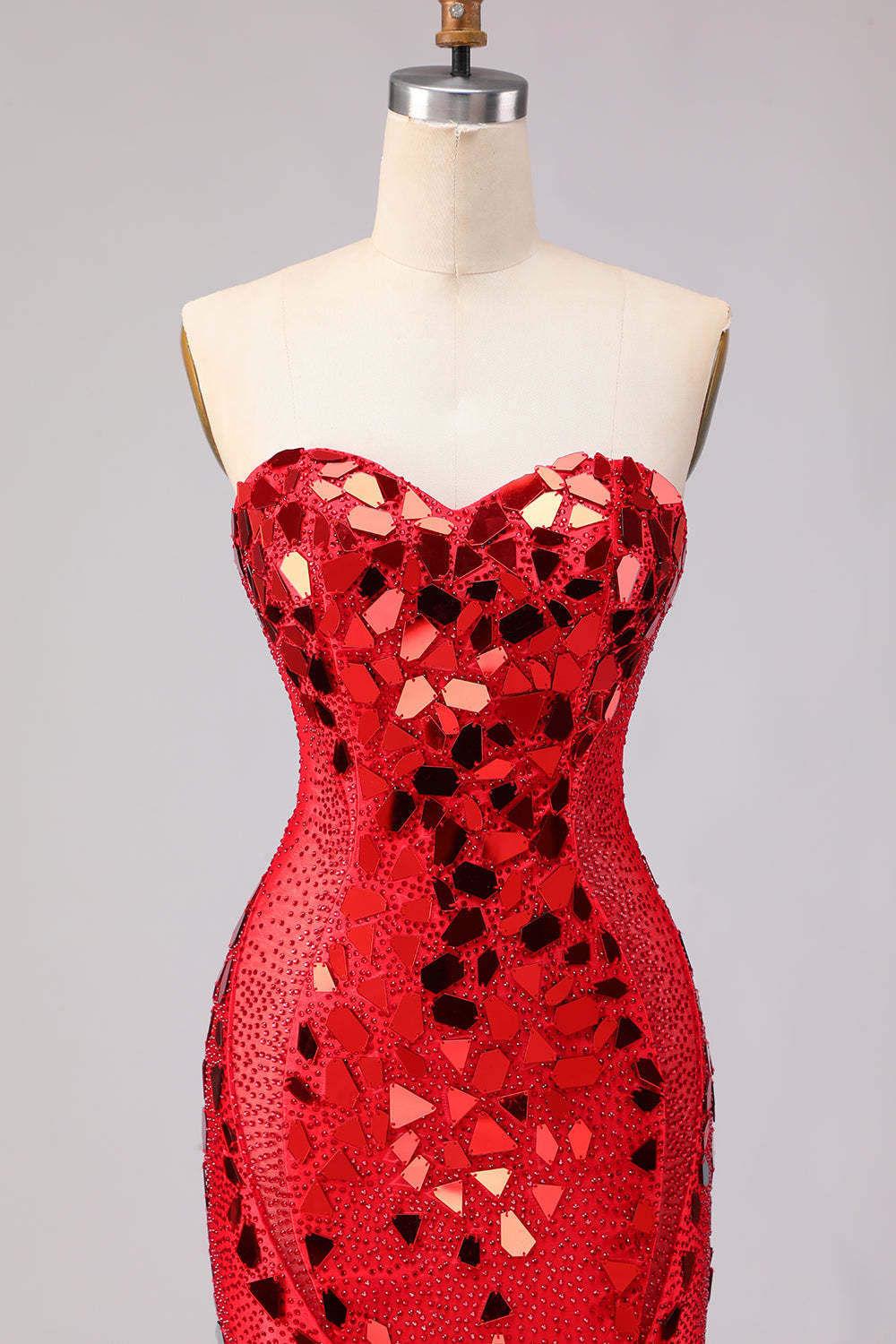 Red Sparkly Mermaid Mirror Sweetheart Long Prom Dress with Slit