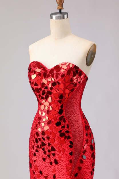 Red Sparkly Mermaid Mirror Sweetheart Long Prom Dress with Slit