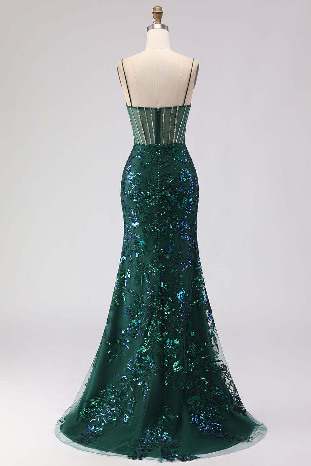 Dark Green Sparkly Lace Sequin Floral Long Corset Prom Dress with Rhinestone