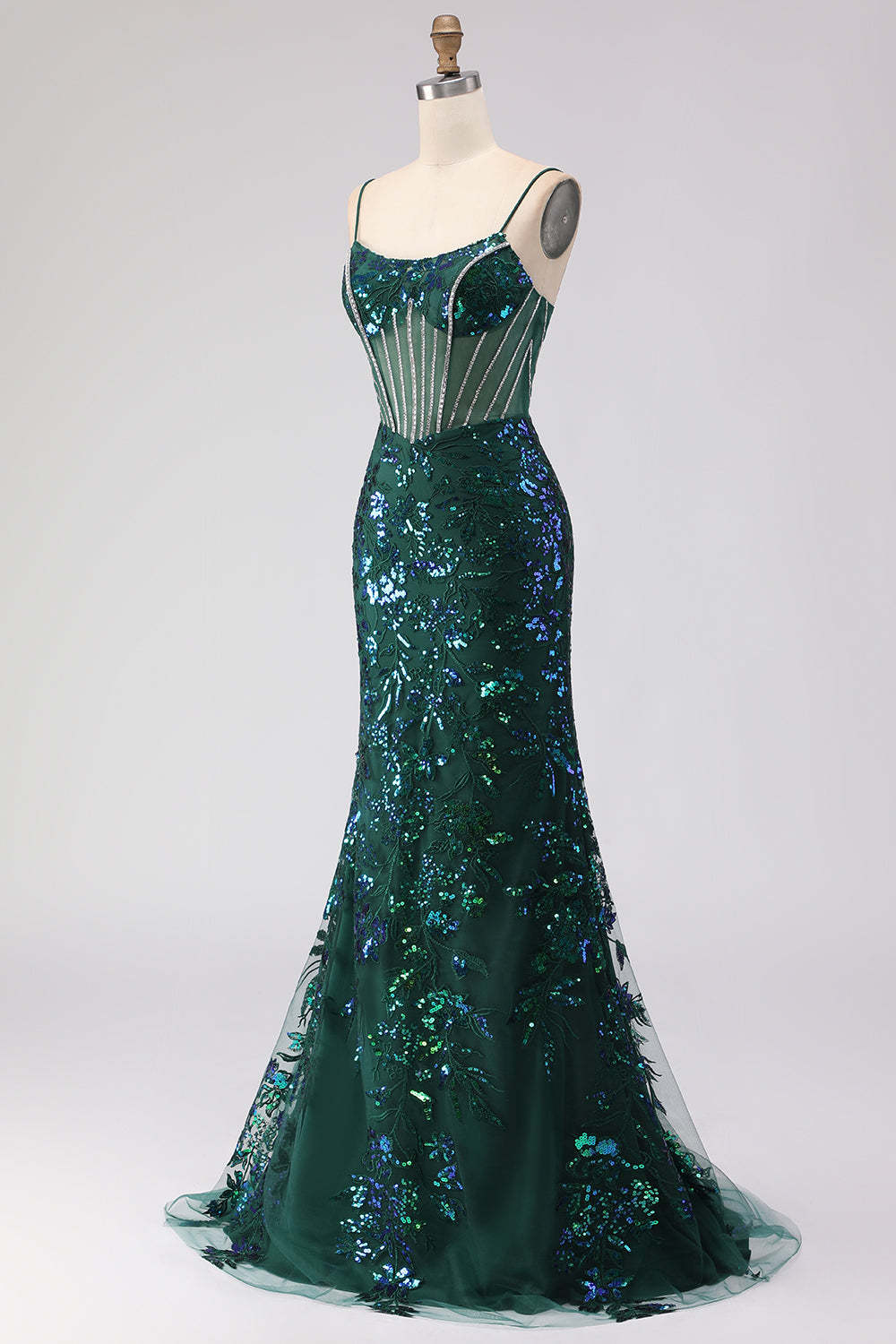Dark Green Sparkly Lace Sequin Floral Long Corset Prom Dress with Rhinestone
