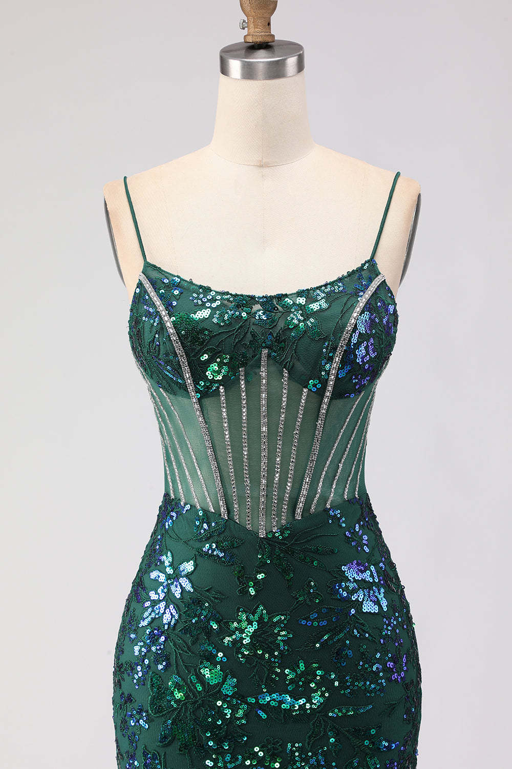 Dark Green Sparkly Lace Sequin Floral Long Corset Prom Dress with Rhinestone