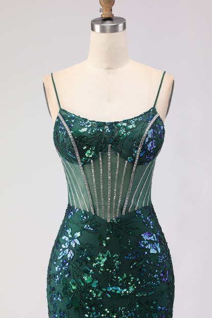 Dark Green Sparkly Lace Sequin Floral Long Corset Prom Dress with Rhinestone