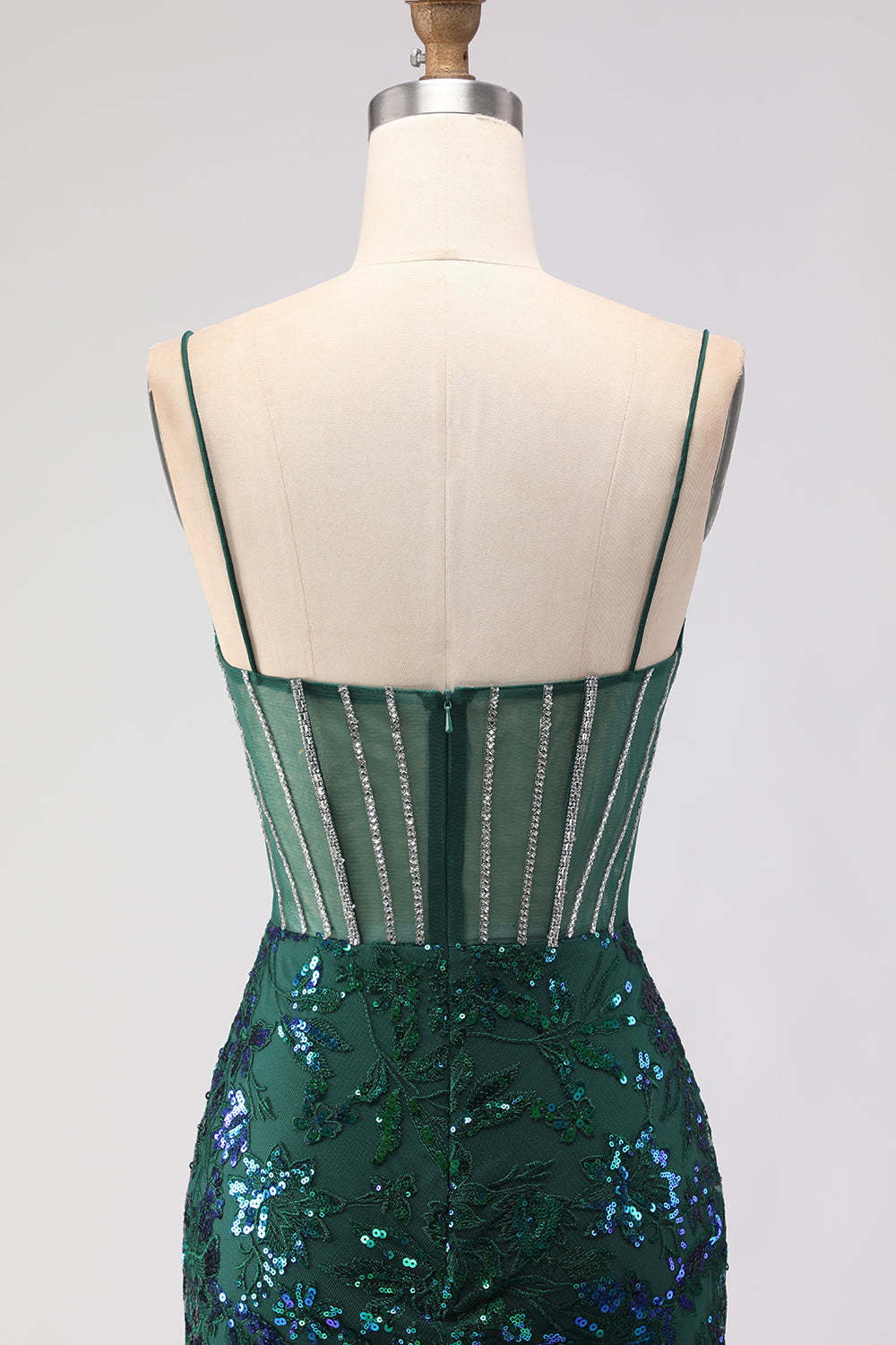 Dark Green Sparkly Lace Sequin Floral Long Corset Prom Dress with Rhinestone