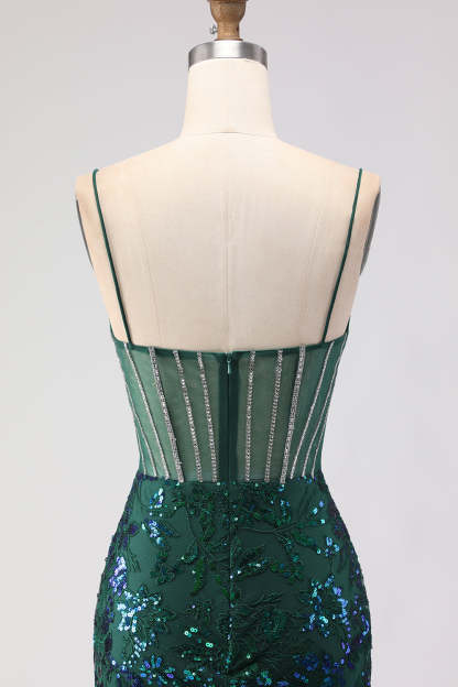 Dark Green Sparkly Lace Sequin Floral Long Corset Prom Dress with Rhinestone