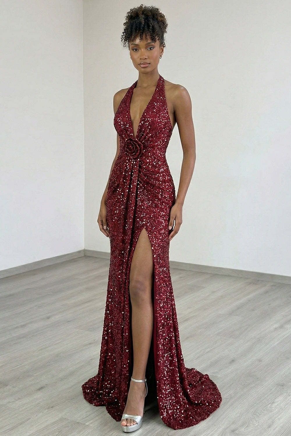 Burgundy Sequin Halter Neck Ruched Backless Maxi Prom Dress with Slit