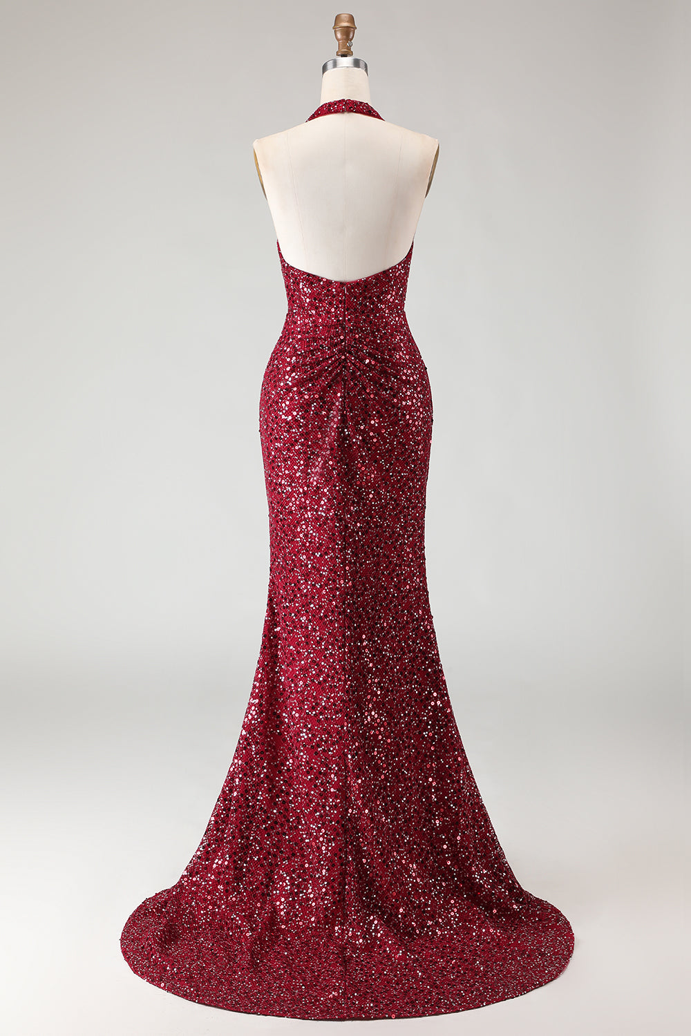 Burgundy Sequin Halter Neck Mermaid Backless Long Prom Dress with Slit