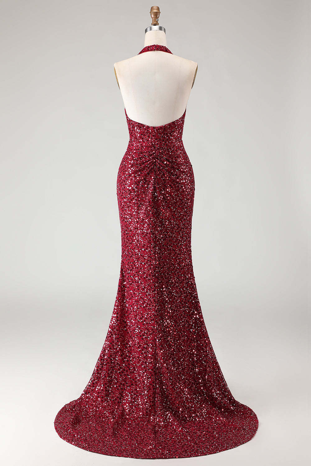 Burgundy Sequin Halter Neck Mermaid Backless Long Prom Dress with Slit