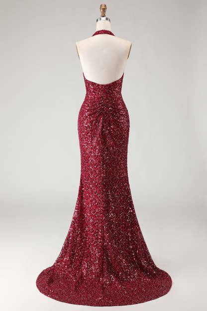 Burgundy Sequin Halter Neck Mermaid Backless Long Prom Dress with Slit