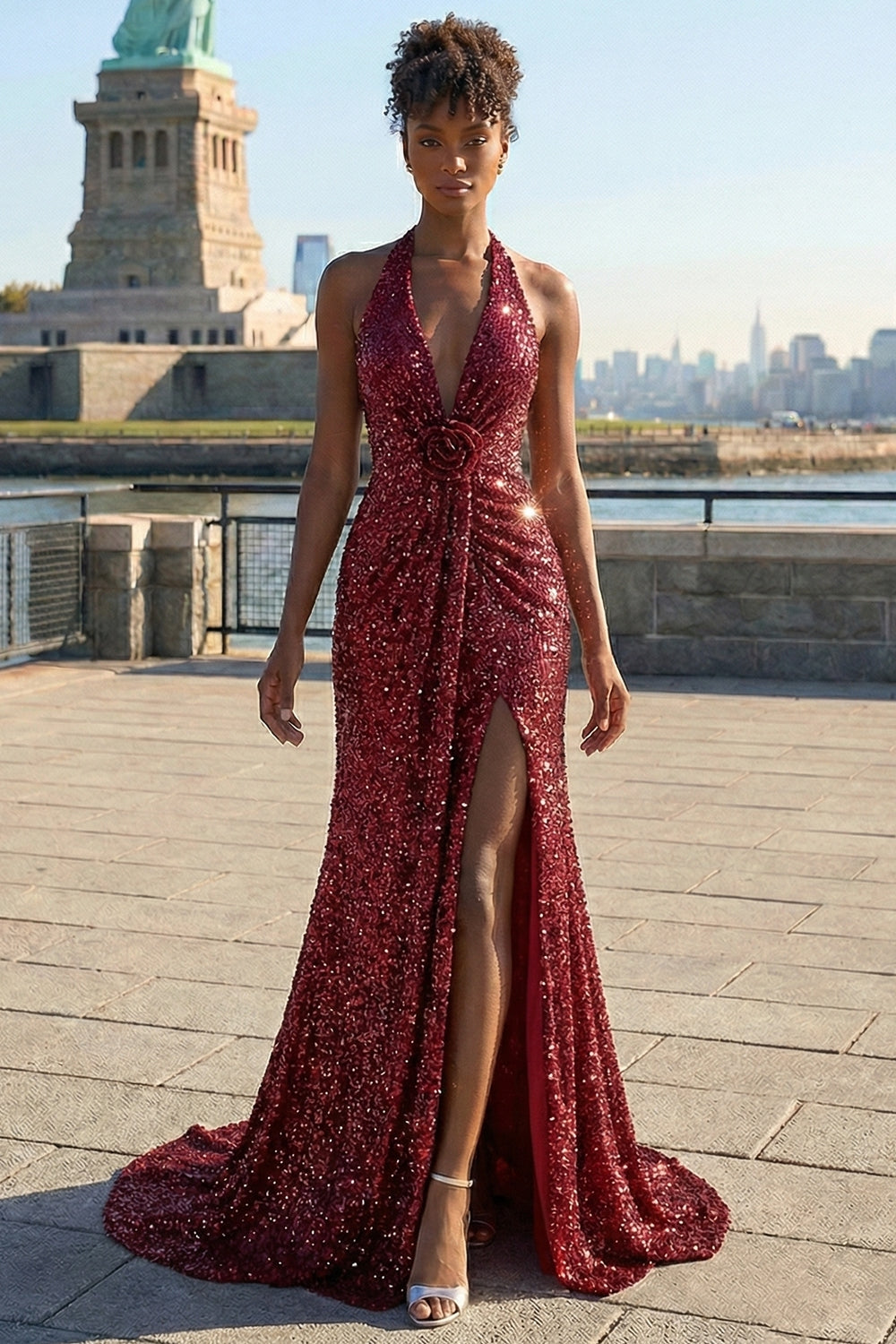 Leely Women Floral Sparkly Burgundy Sequin Maxi Prom Dress with Slit Mermaid Halter Neck Backless Ruched Pageant Dress with 3D Flower