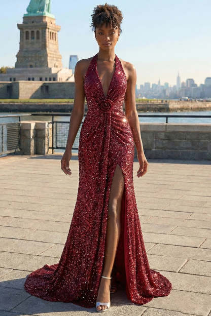 Leely Women Floral Sparkly Burgundy Sequin Maxi Prom Dress with Slit Mermaid Halter Neck Backless Ruched Pageant Dress with 3D Flower