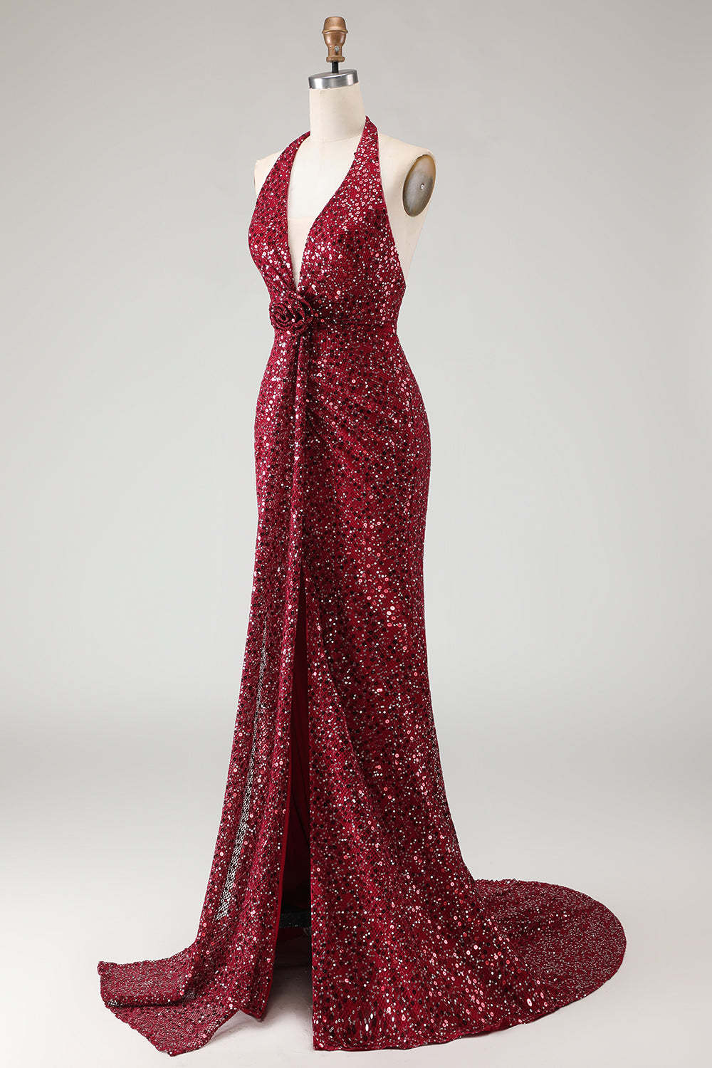 Burgundy Sequin Halter Neck Mermaid Backless Long Prom Dress with Slit