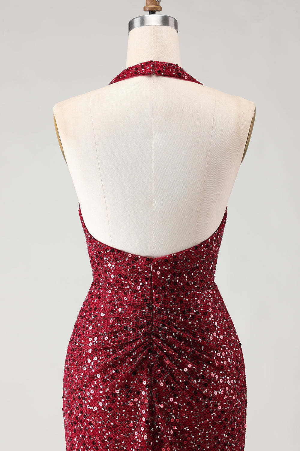 Burgundy Sequin Halter Neck Mermaid Backless Long Prom Dress with Slit