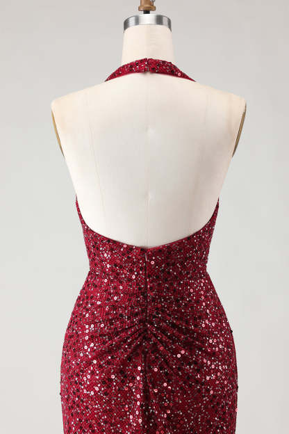 Burgundy Sequin Halter Neck Mermaid Backless Long Prom Dress with Slit