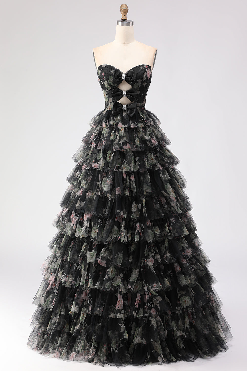 Black Floral Tiered Ball Gown Sweetheart Long Tulle Prom Dress with Bows