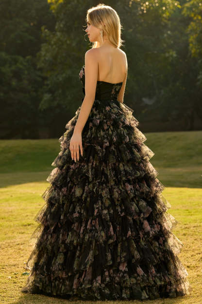 Black Floral Tiered Ball Gown Sweetheart Long Tulle Prom Dress with Bows