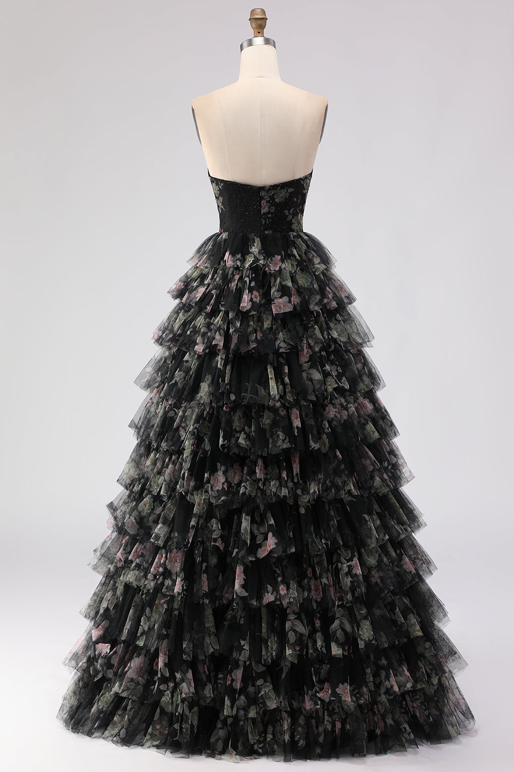 Black Floral Tiered Ball Gown Sweetheart Long Tulle Prom Dress with Bows