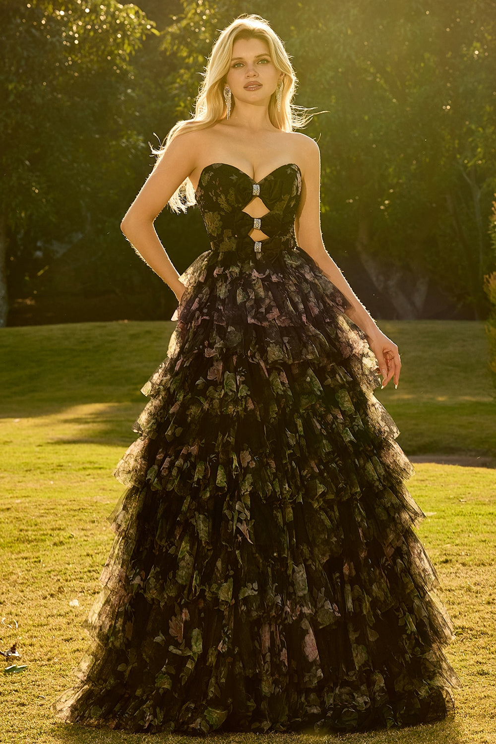 Floral Pink Ball Gown Tiered Sweetheart Tulle Maxi Prom Dress with Ruffles