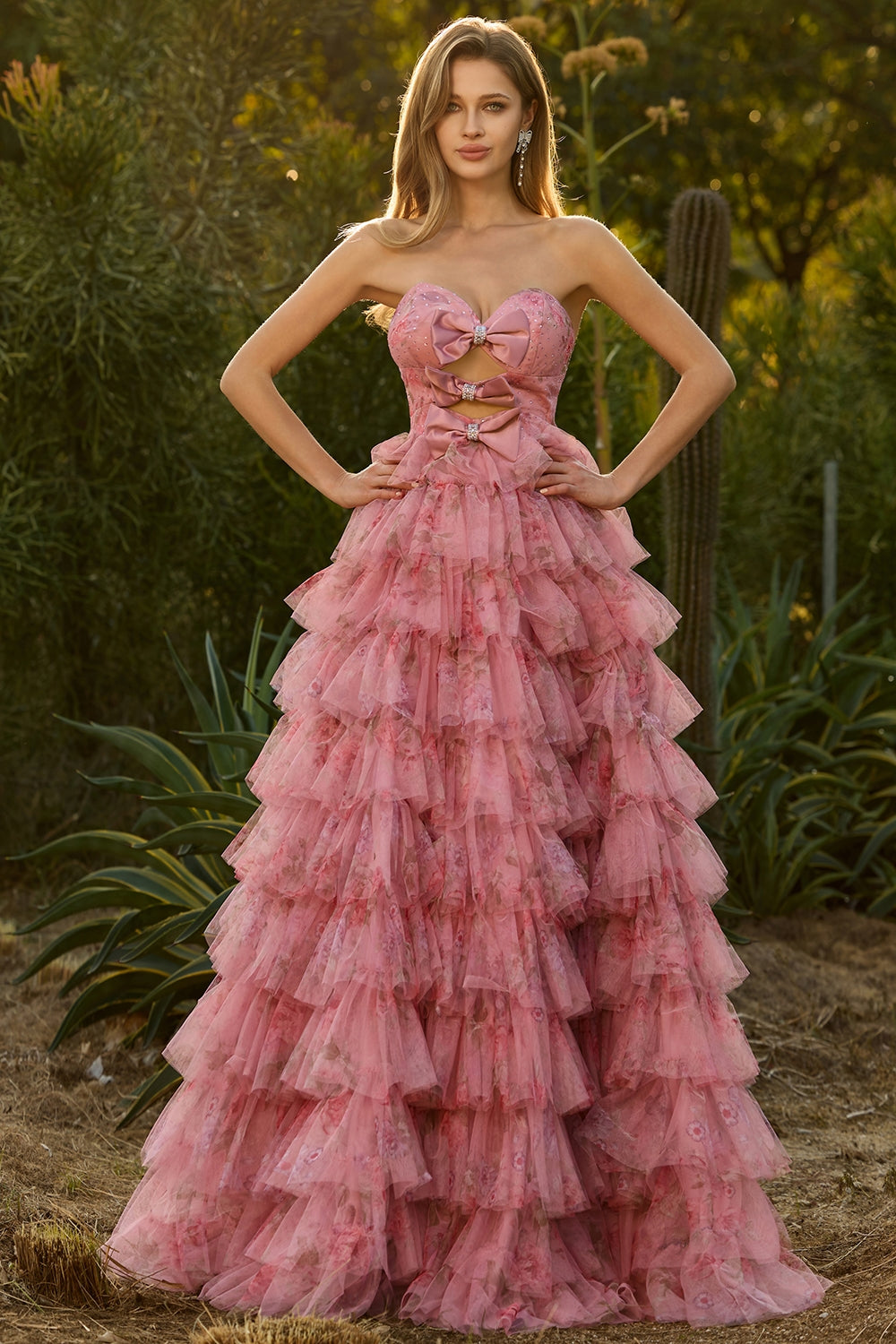 Floral Pink Ball Gown Tiered Sweetheart Tulle Maxi Prom Dress with Ruffles