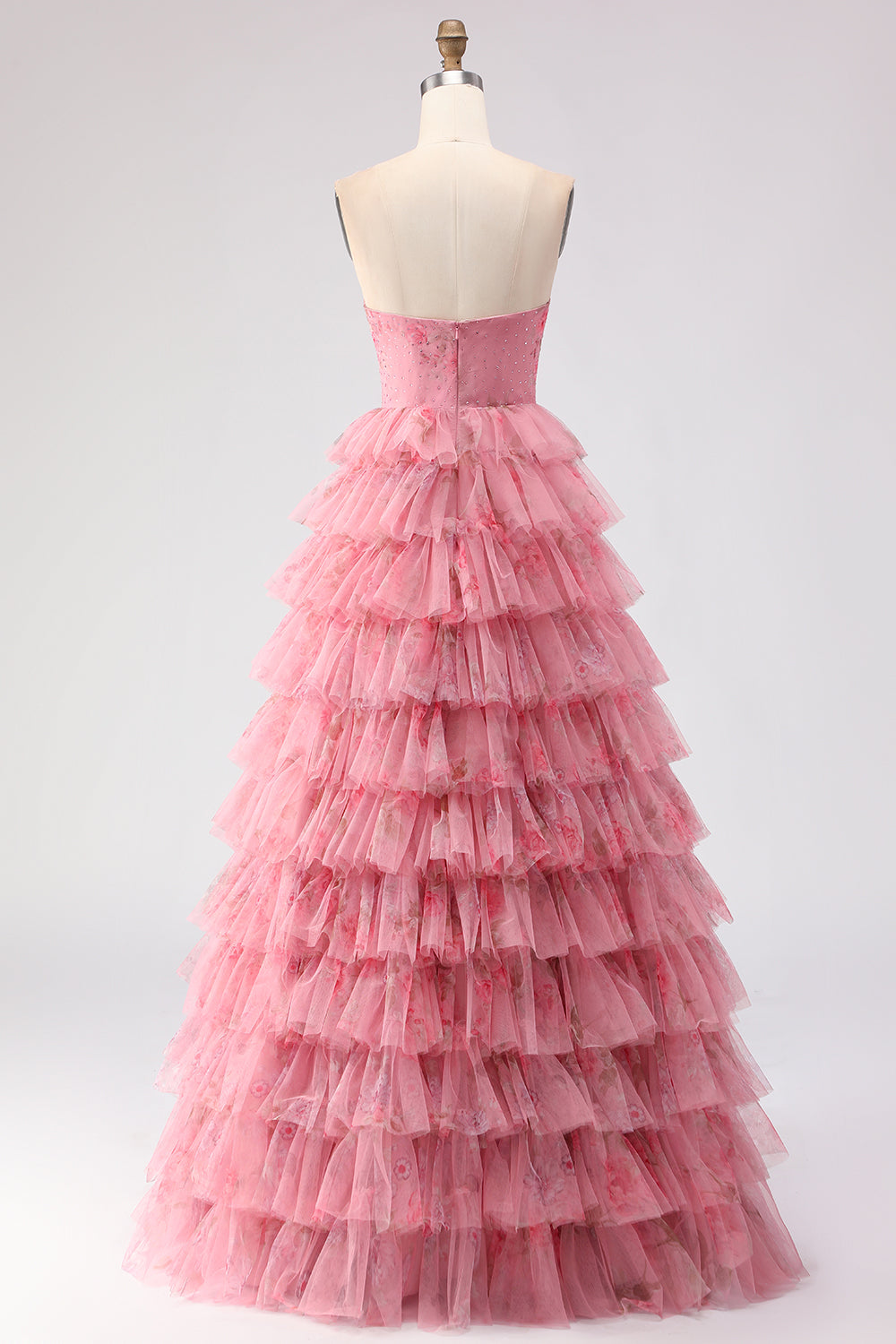 Pink A-Line Tulle Floral Sweetheart Tiered Long Prom Dress with Bows