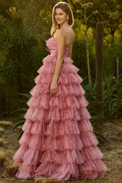 Floral Pink Ball Gown Tiered Sweetheart Tulle Maxi Prom Dress with Ruffles
