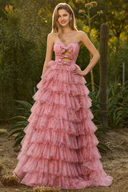 Floral Pink Ball Gown Tiered Sweetheart Tulle Maxi Prom Dress with Ruffles