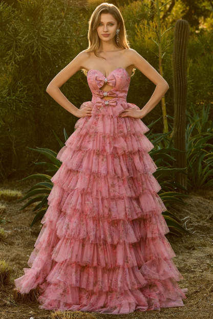 Floral Pink Ball Gown Tiered Sweetheart Tulle Maxi Prom Dress with Ruffles