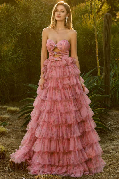 Floral Pink Ball Gown Tiered Sweetheart Tulle Maxi Prom Dress with Ruffles