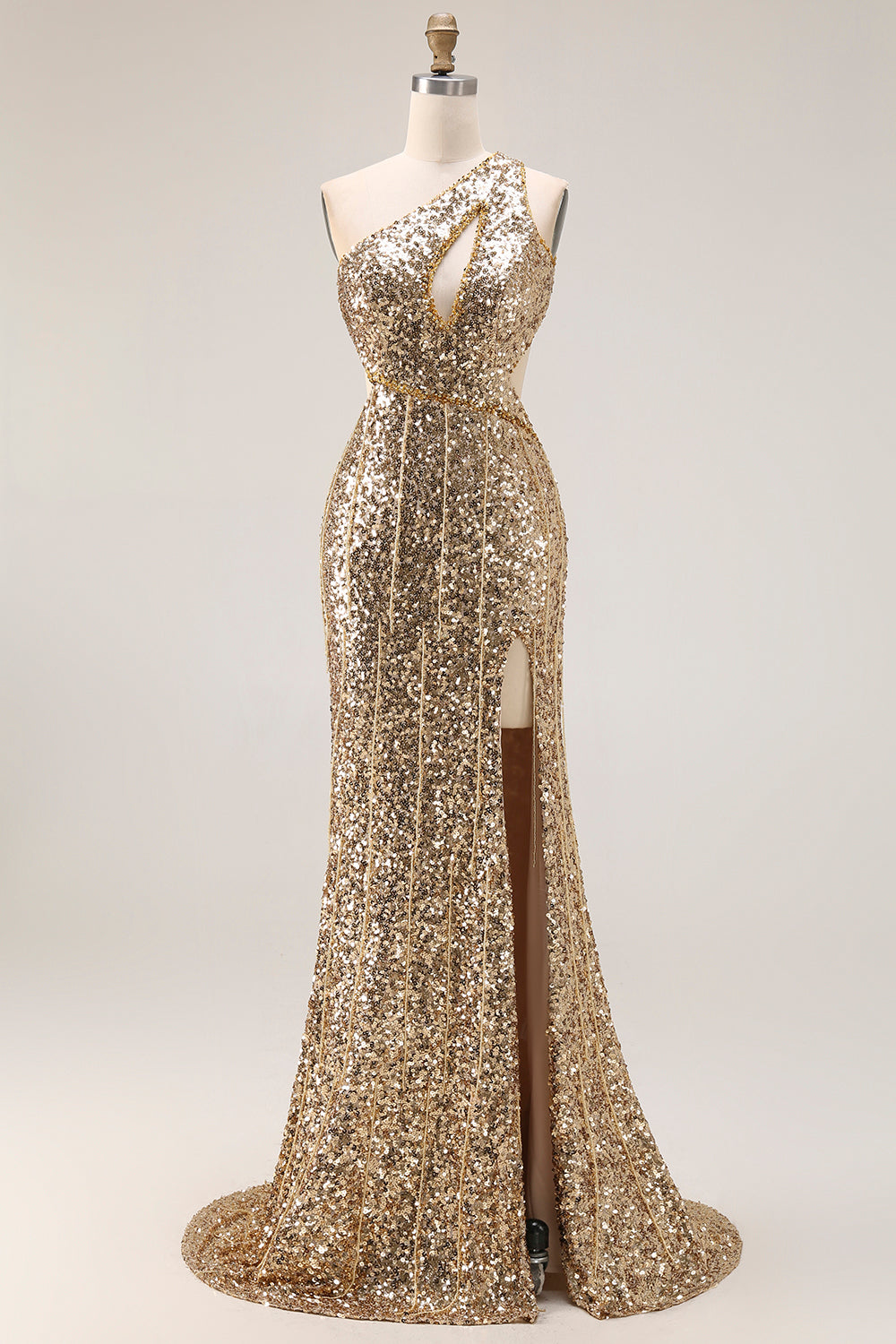 Sparkly Gold Sequin One Shoulder Maxi Prom Dress with Keyhole