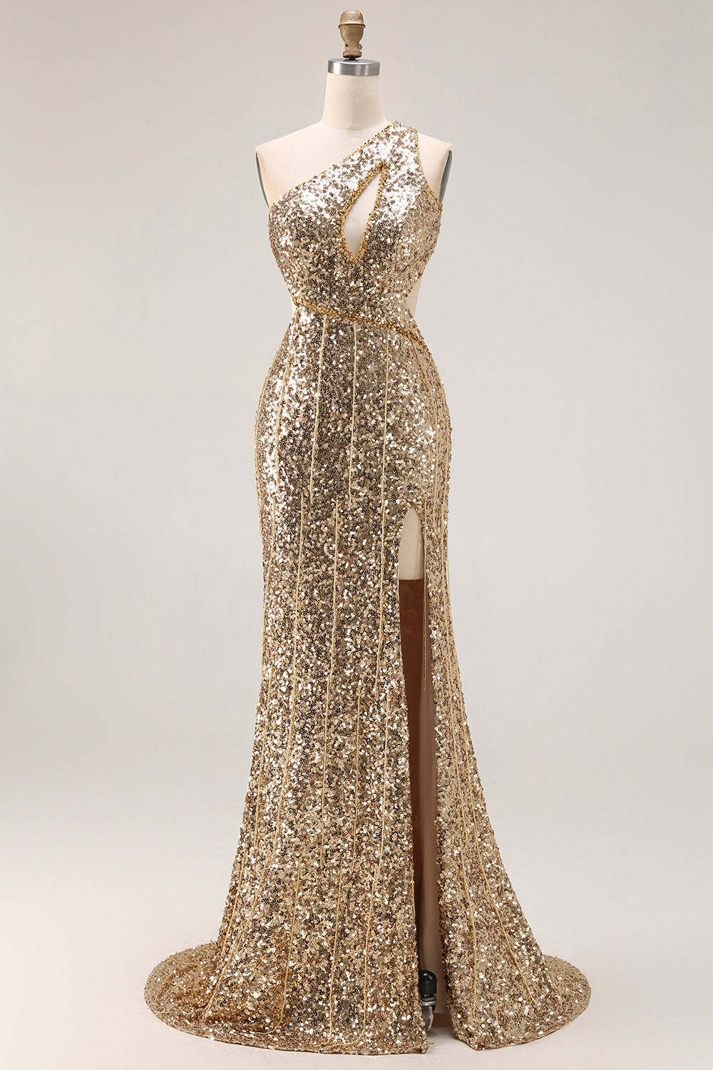 Sparkly Gold Sequin One Shoulder Maxi Prom Dress with Keyhole