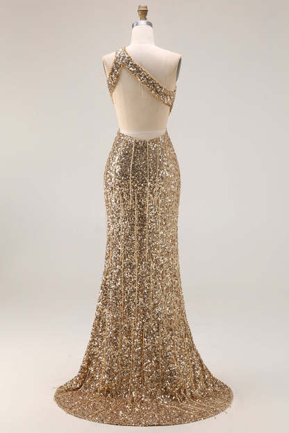 Sparkly Gold Sequin One Shoulder Maxi Prom Dress with Keyhole