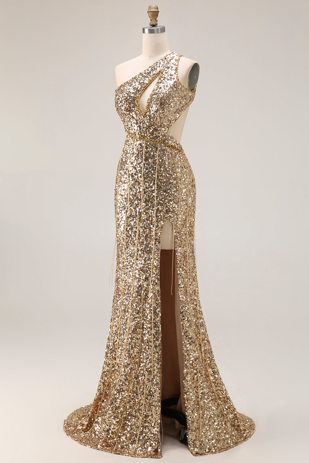 Sparkly Gold Sequin Mermaid One Shoulder Long Prom Dress with Slit