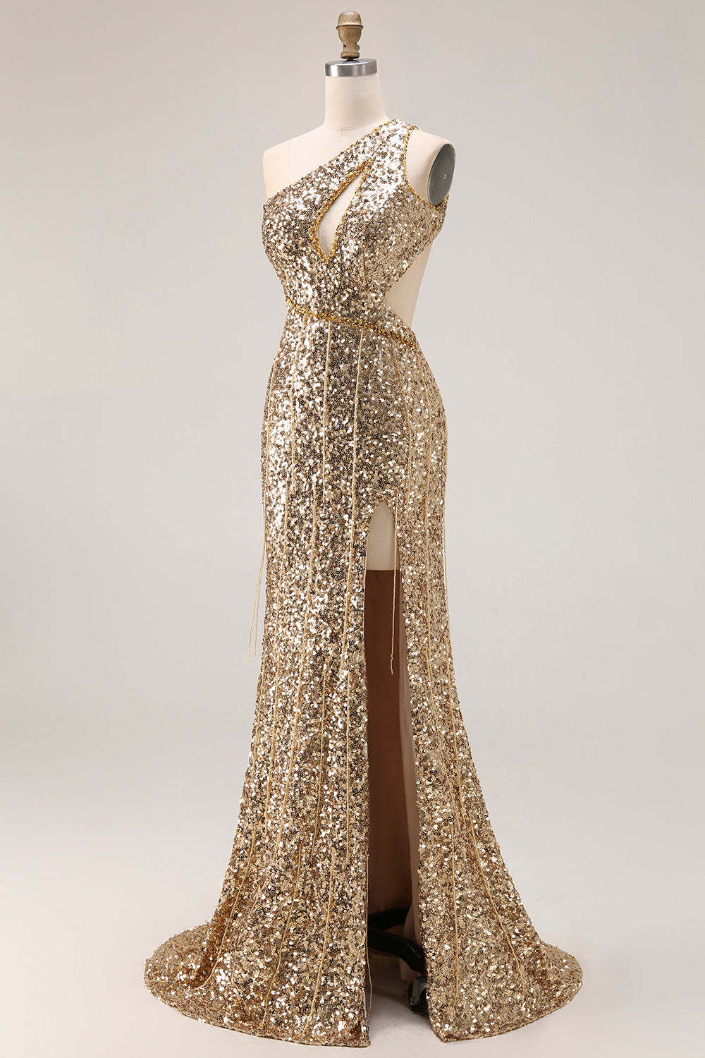 Sparkly Gold Sequin Mermaid One Shoulder Long Prom Dress with Slit