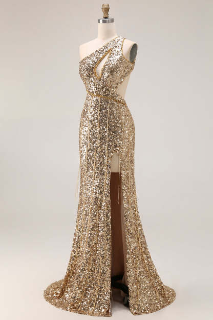 Sparkly Gold Sequin Mermaid One Shoulder Long Prom Dress with Slit